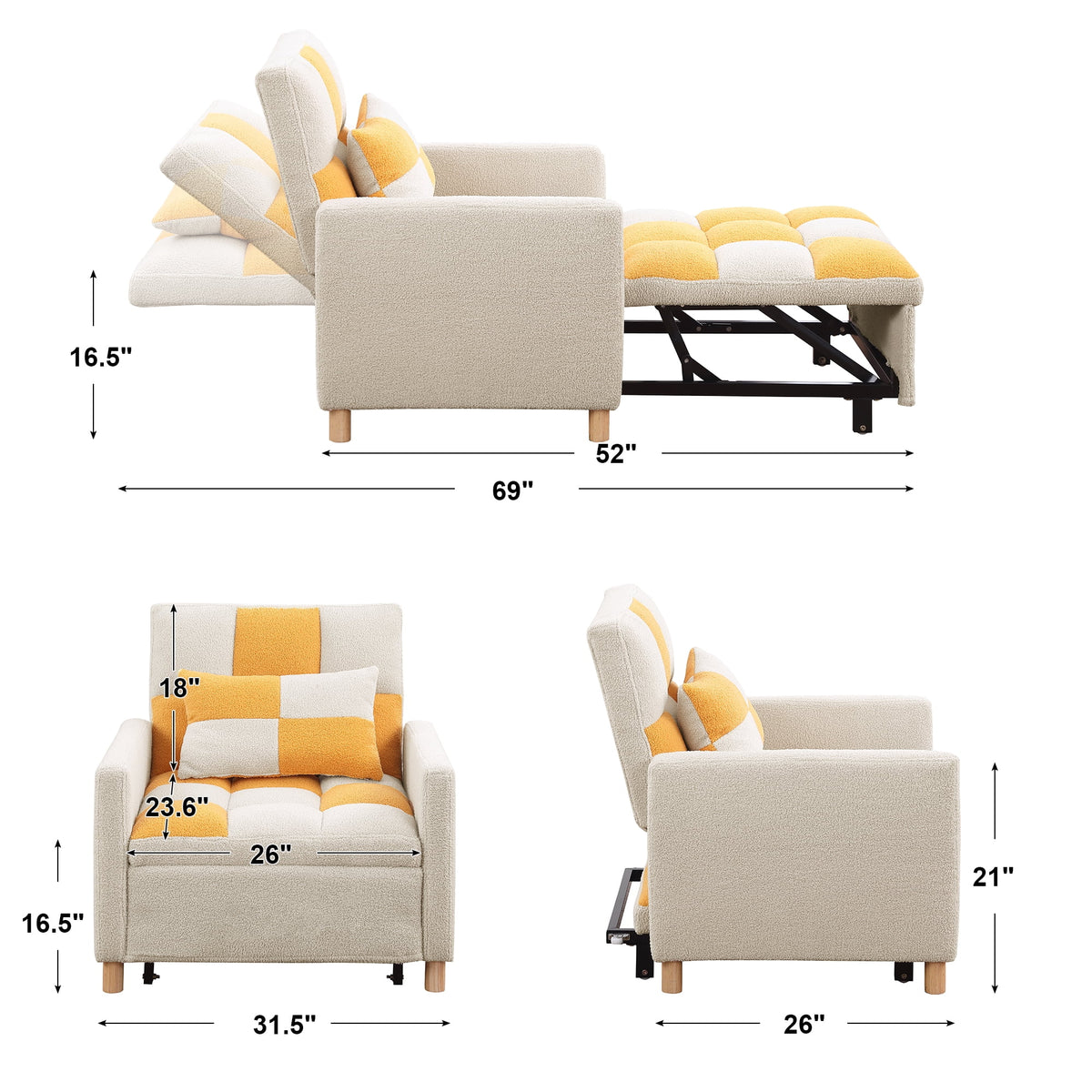 3-in-1 Convertible Sleeper Chair Bed Yellow U421565