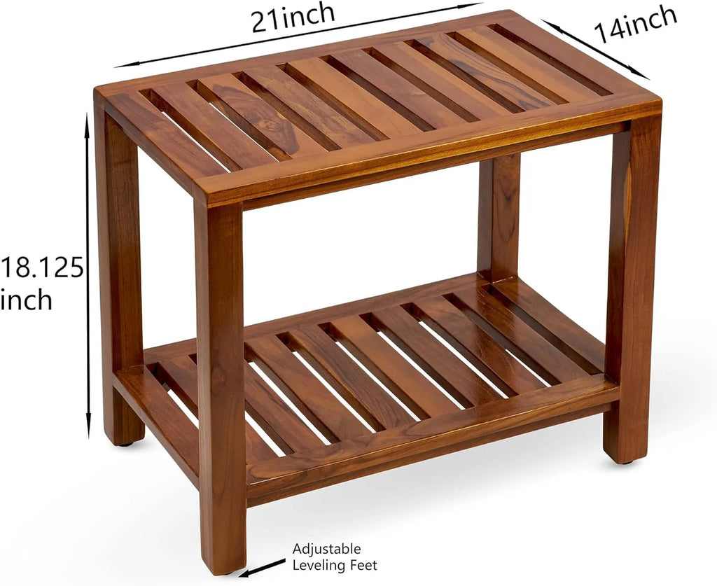 21 Inch Teak Wood Shower Bench with Shelf D67657