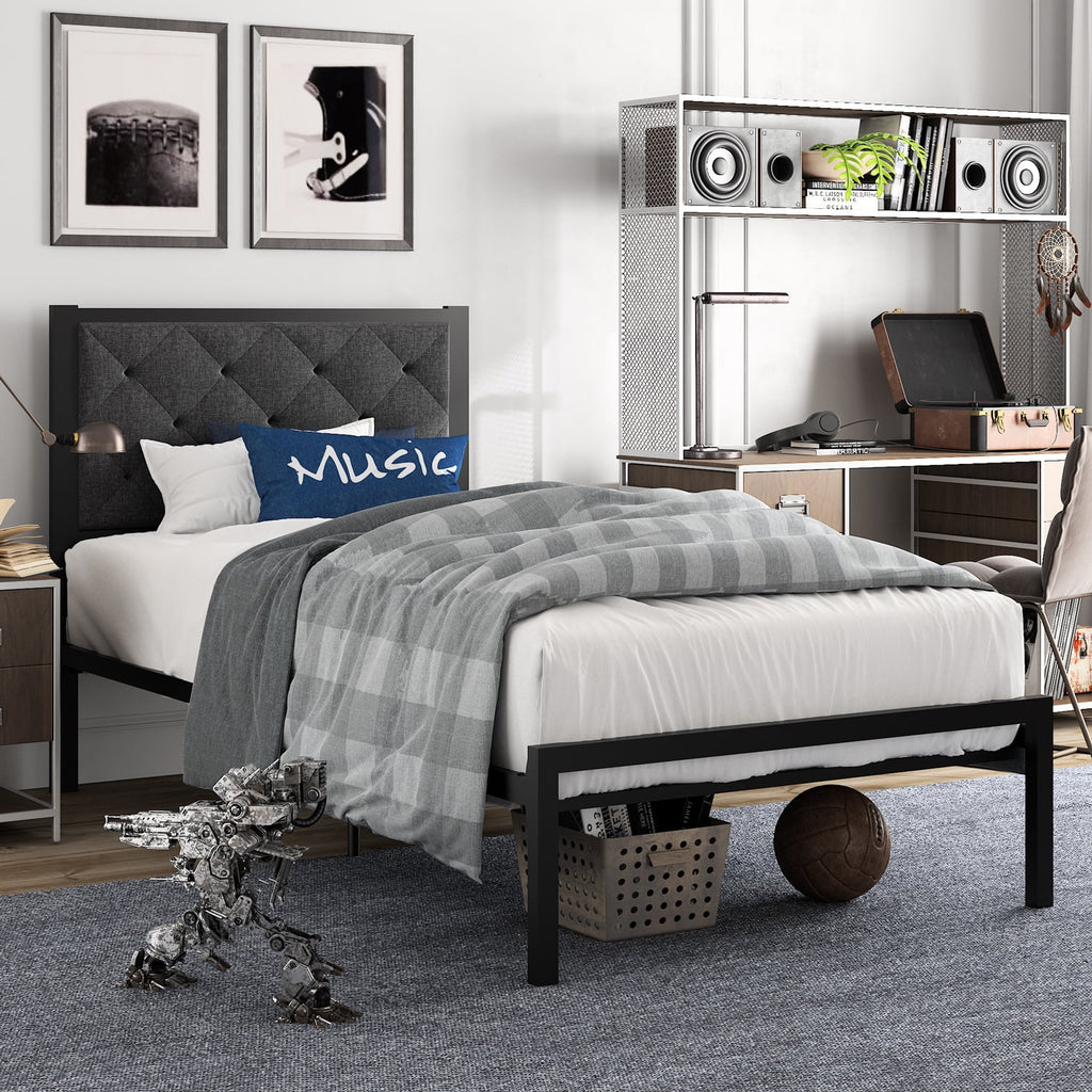 Twin Size Metal Bed Frame with Upholstered Headboard Q934157