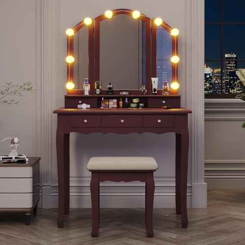 White Vanity Table Set with Lighted Mirror and Stool S30759