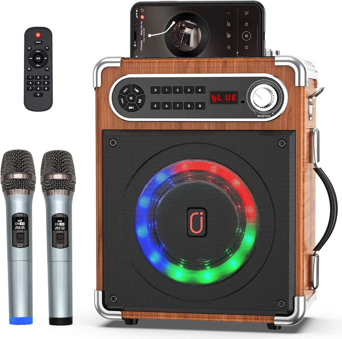 Portable Bluetooth Karaoke Machine with Two Wireless Microphones and LED Lights Q69238