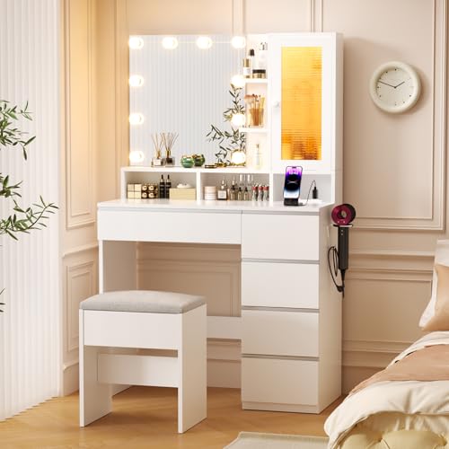 White Vanity Desk with Mirror and Lights, Stool, 5 Drawers and Open Shelves K828