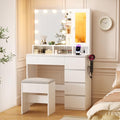 White Vanity Desk with Mirror and Lights, Stool, 5 Drawers and Open Shelves K828