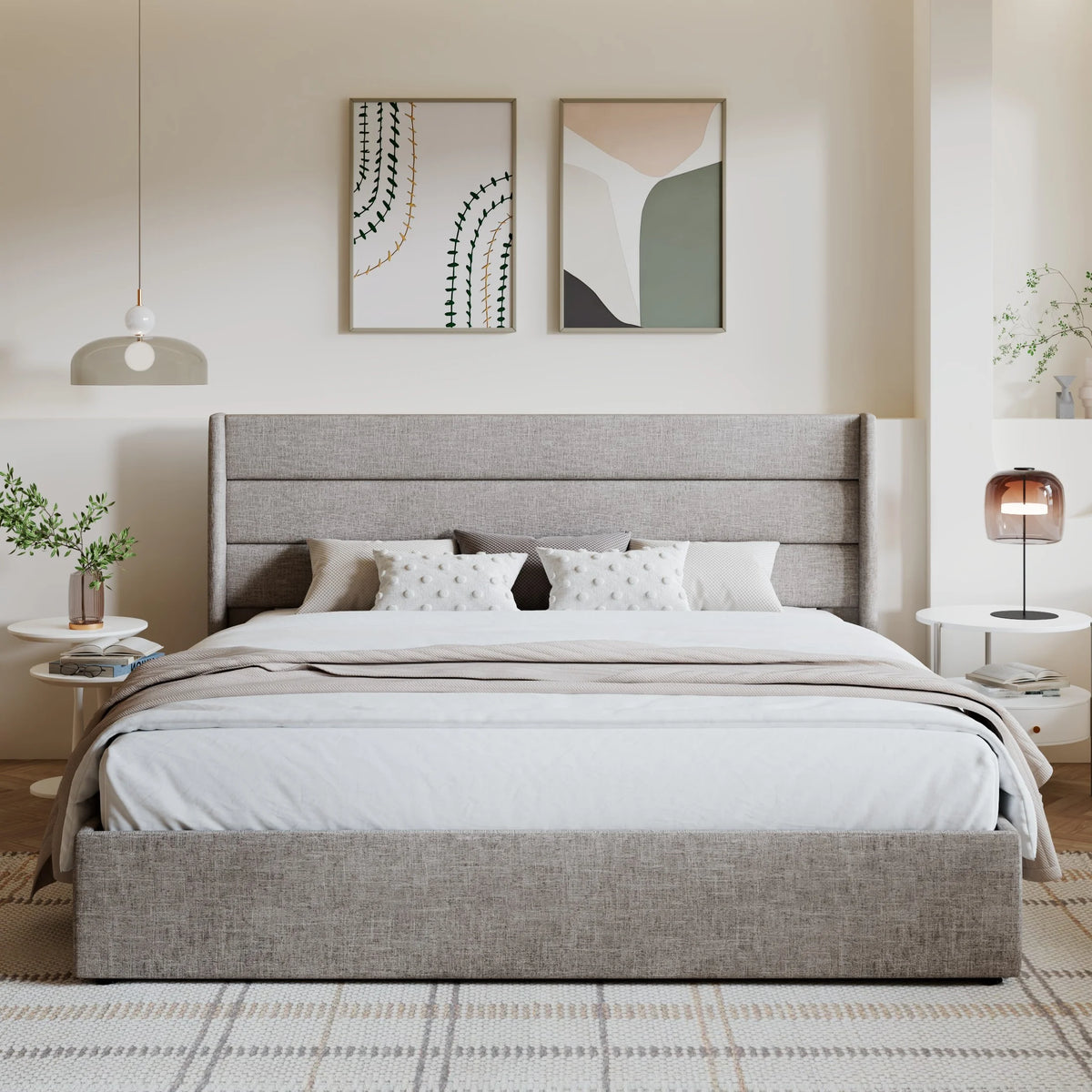 King Size Upholstered Storage Platform Bed Frame with Wingback Headboard T3733