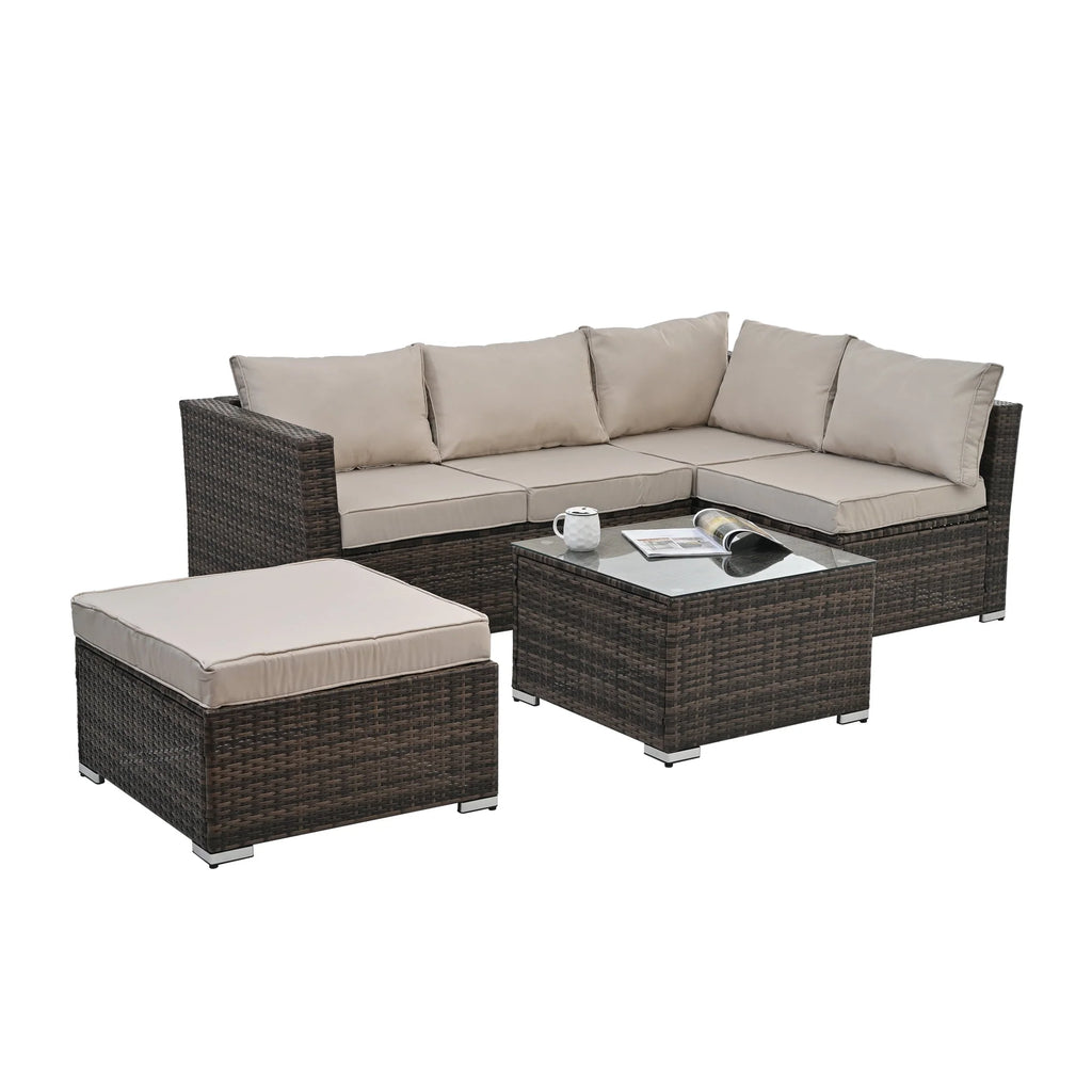 4 Piece All Weather Wicker Patio Sofa Set with Cushion and Glass Table Q924