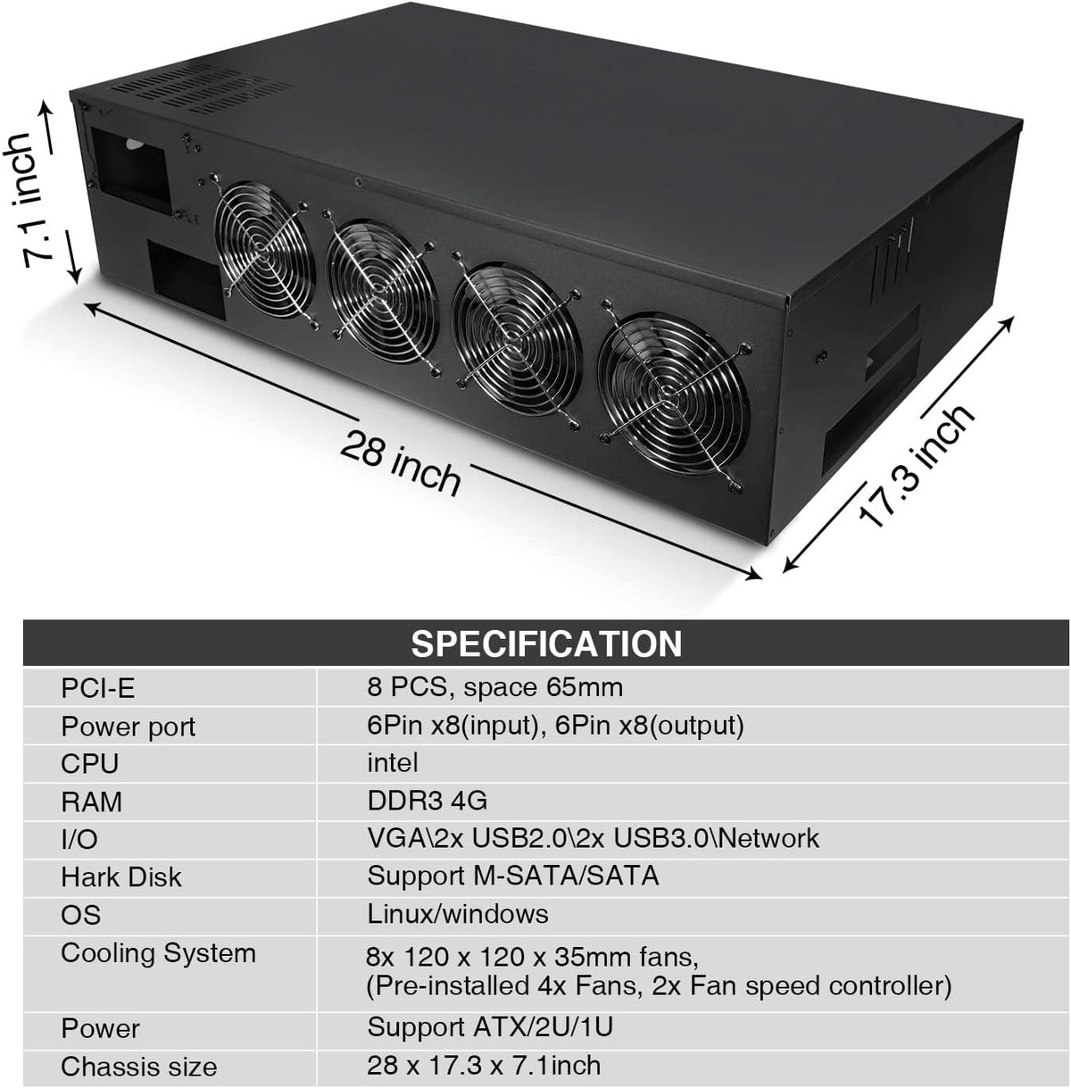 8 Ports GPU Mining Frame Case with 4 Cooling Fans Black U569003