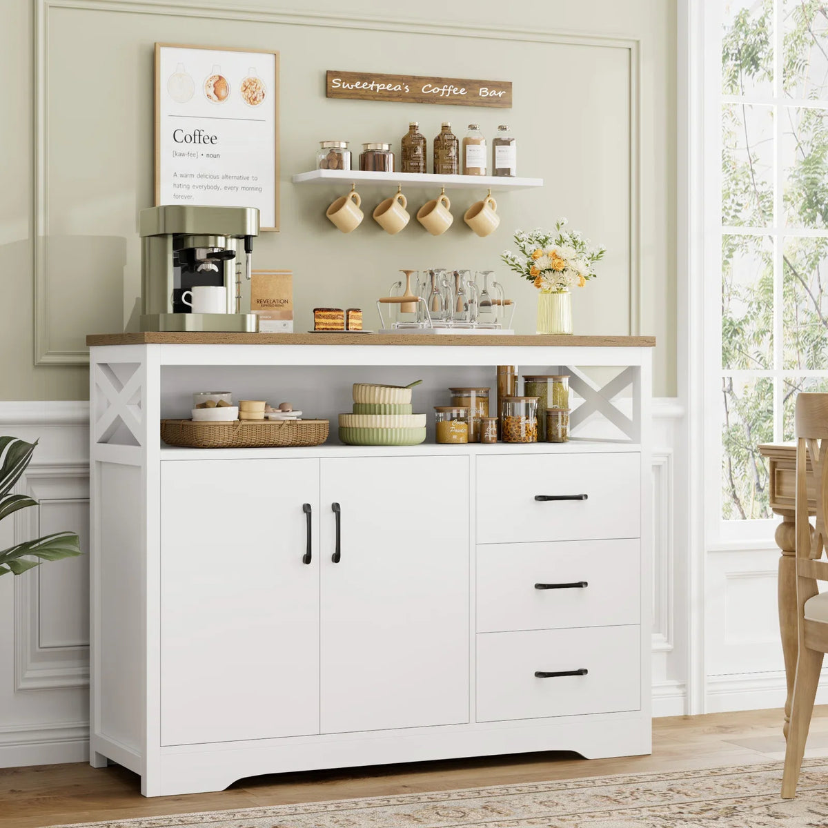 White 3 Drawer Buffet Cabinet with Hutch U42584
