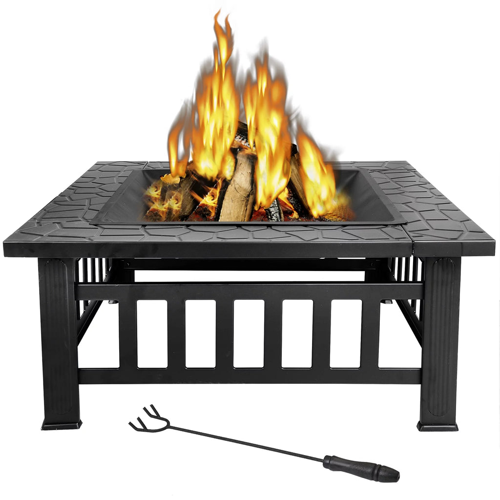 32 Square Wood Black Finish Steel Fire Pit C9693