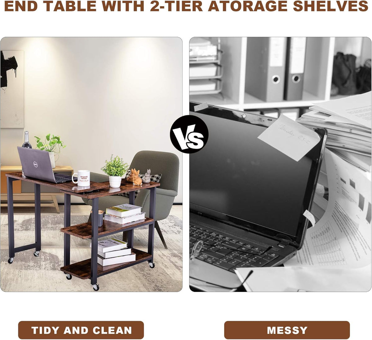 360° Free Rotating Sofa Side Table with 2 Tier Storage Shelves Z446728