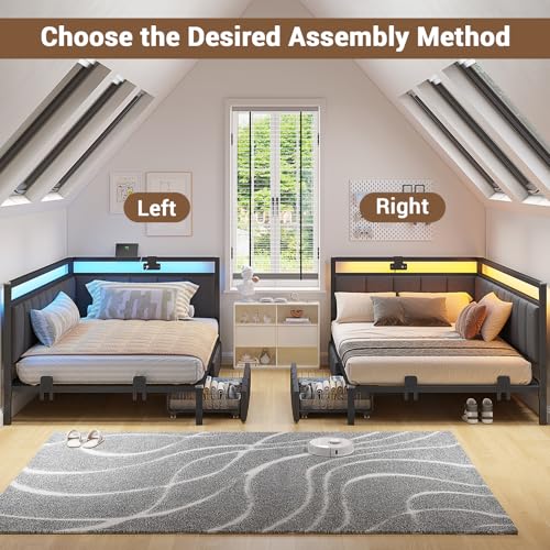 Gray Twin Size Corner Bed Frame with Storage Drawers P87646