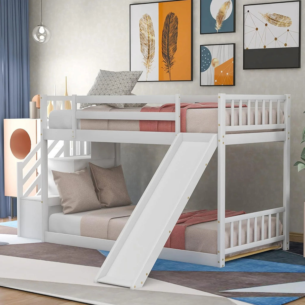 White Bunk Bed with Stairs and Slide W27585