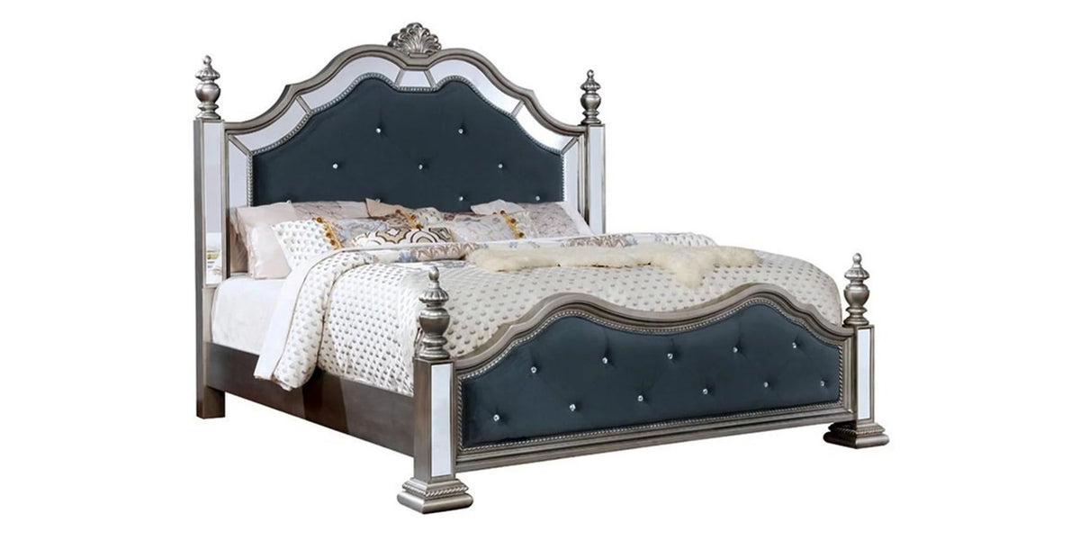 Black Silver Mirror Queen Bedroom Set 4Pcs J69889