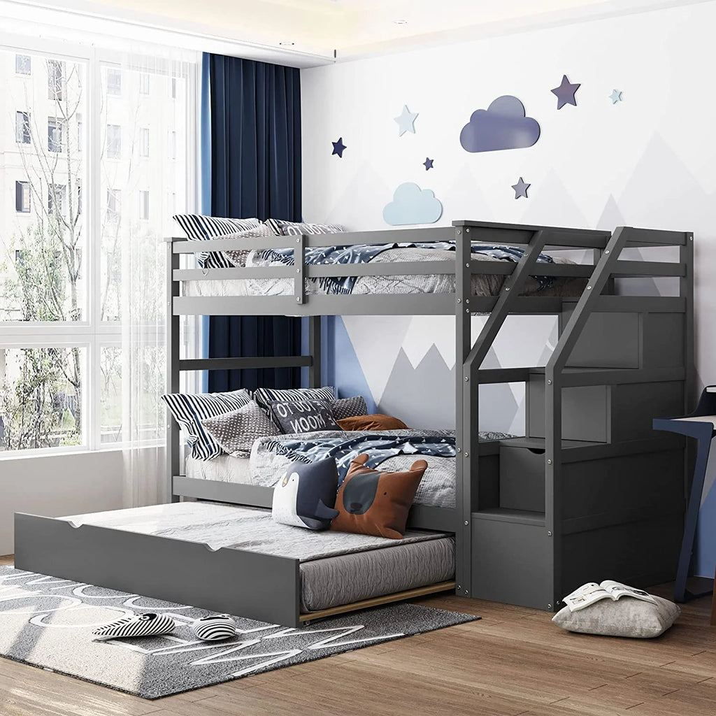 Gray Wooden Over Bunk Bed with Trundle and 3 Storage Stairs H96259