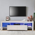 White Solid Wood TV Stand with LED Lights and Storage Drawer U4349