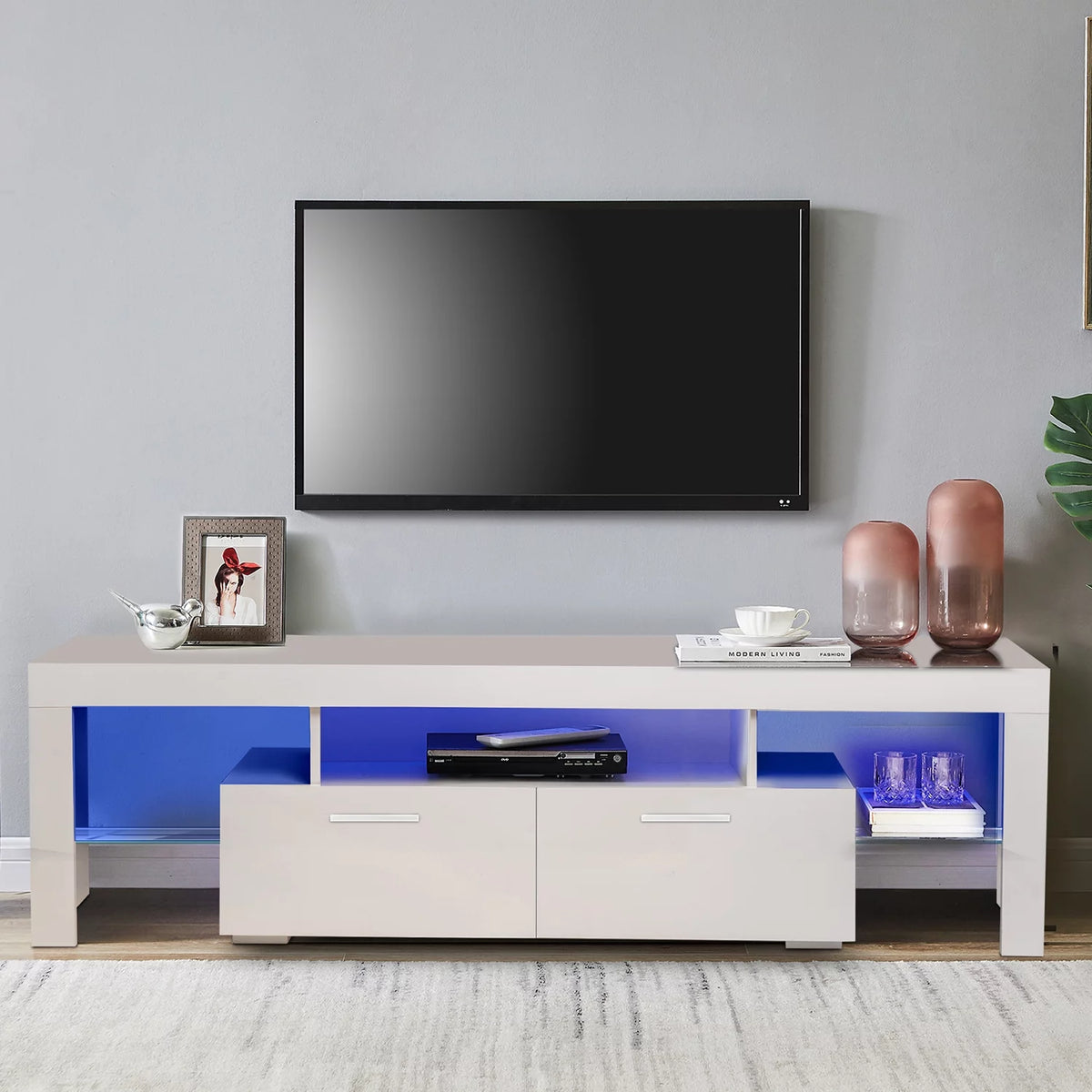 White Solid Wood TV Stand with LED Lights and Storage Drawer U4349