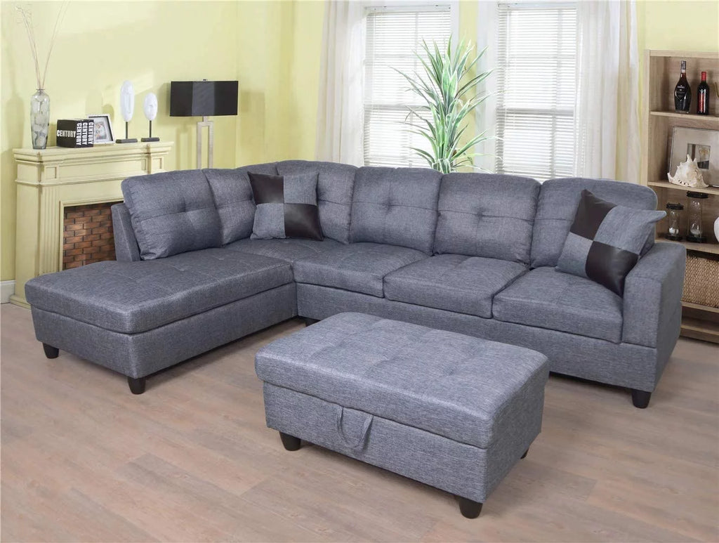 103" Wide Grey Linen Left Hand Facing Sofa & Chaise with Ottoman U82921