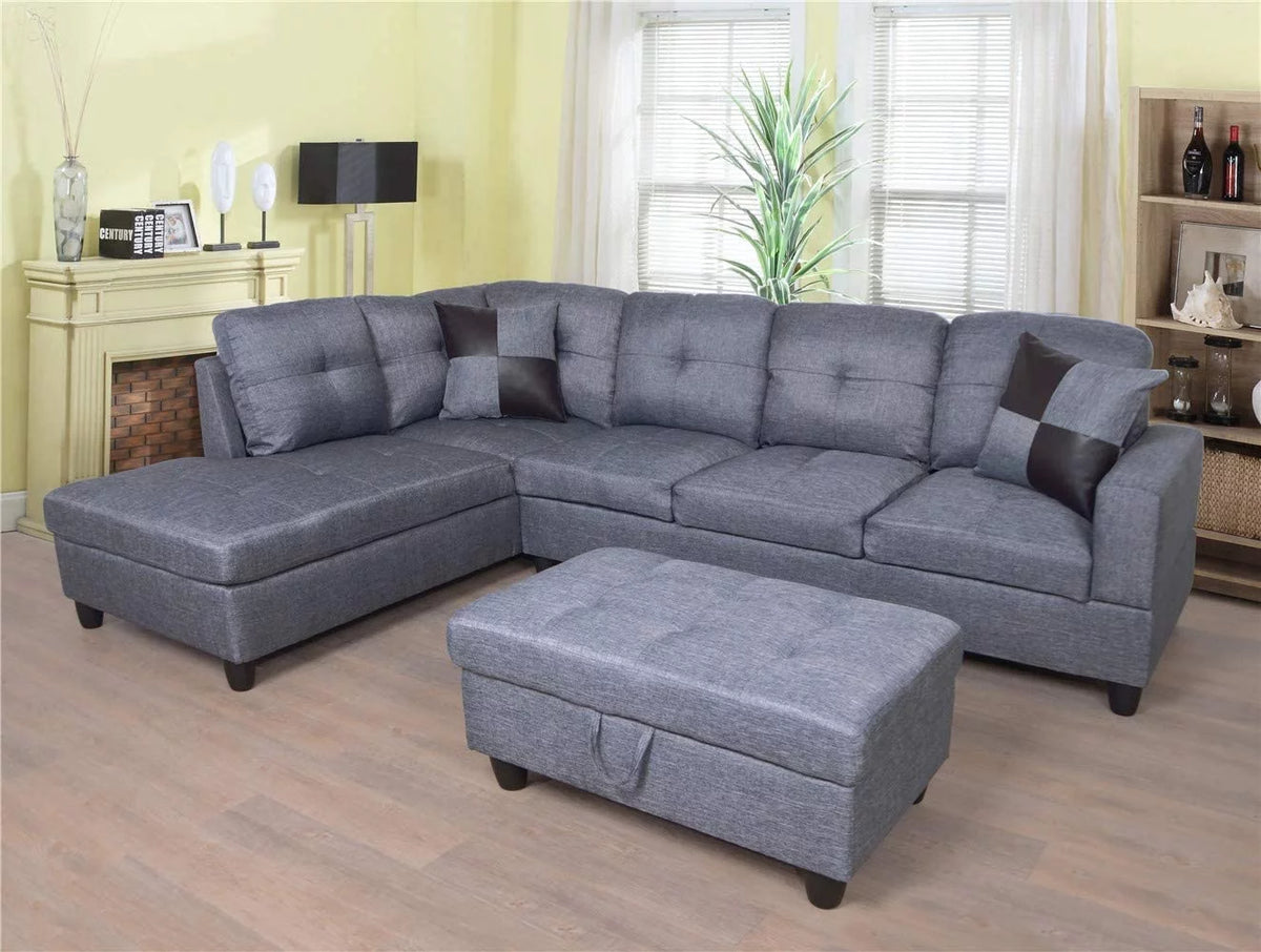 103" Wide Grey Linen Left Hand Facing Sofa & Chaise with Ottoman U82921