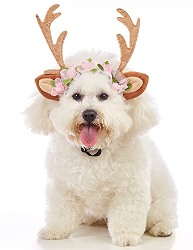 Pet Deer Costume Hat Christmas Dog Antlers Headbands Elastic Band Adjustable Reindeer Cap (Medium) X374
