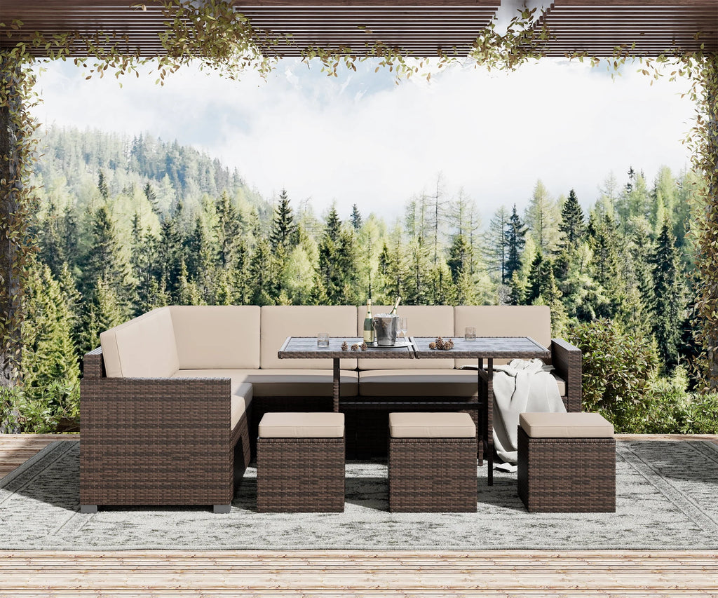 7 Piece PE Rattan Patio Sectional Sofa with Beige Cushions and Table X496095