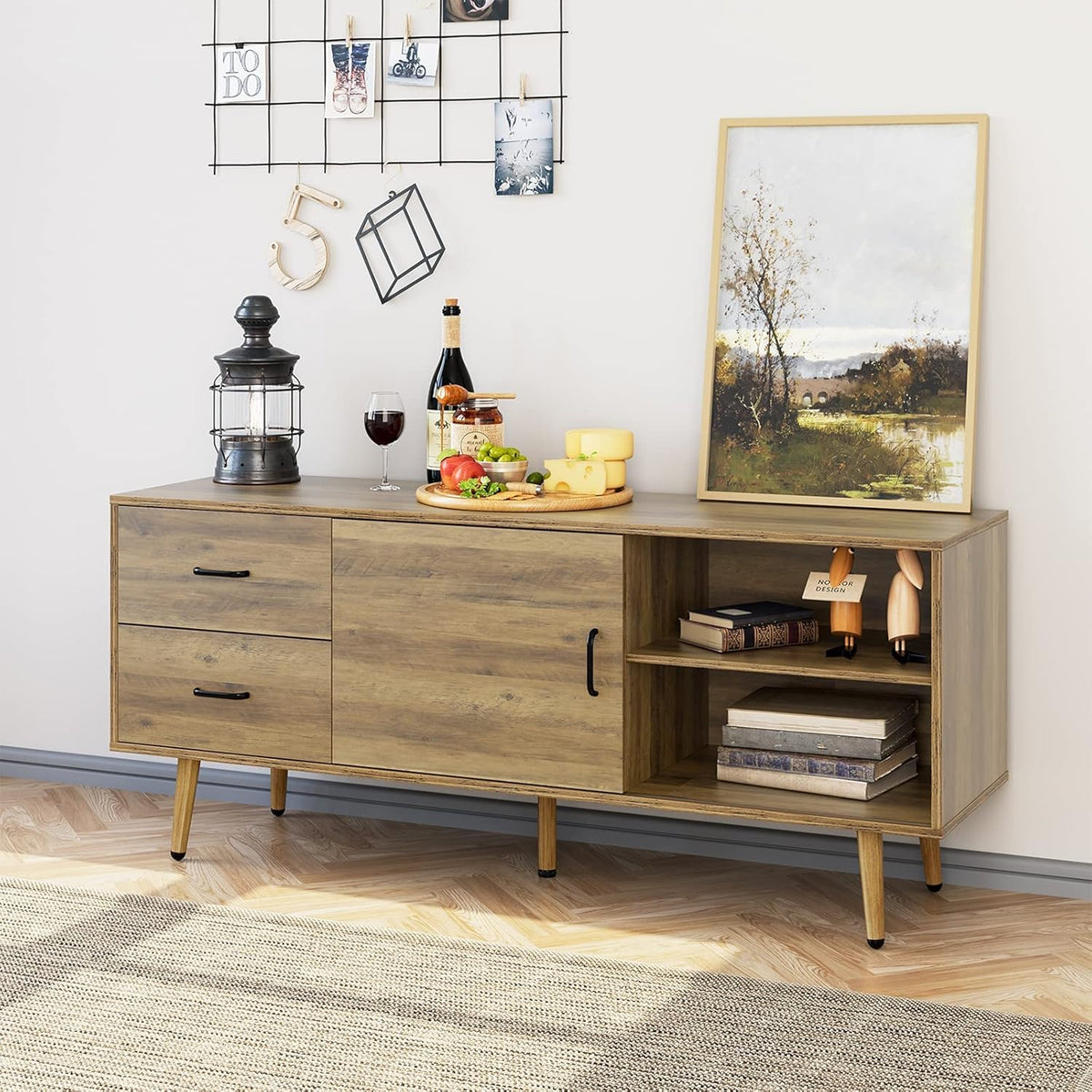 Mid Century Modern Wood TV Stand with Sliding Door W8199