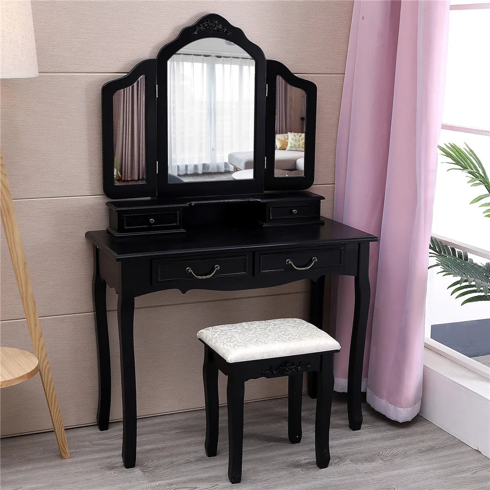 Black Trifold Mirror Vanity Table Set with Cushioned Stool 4 Drawer F359203