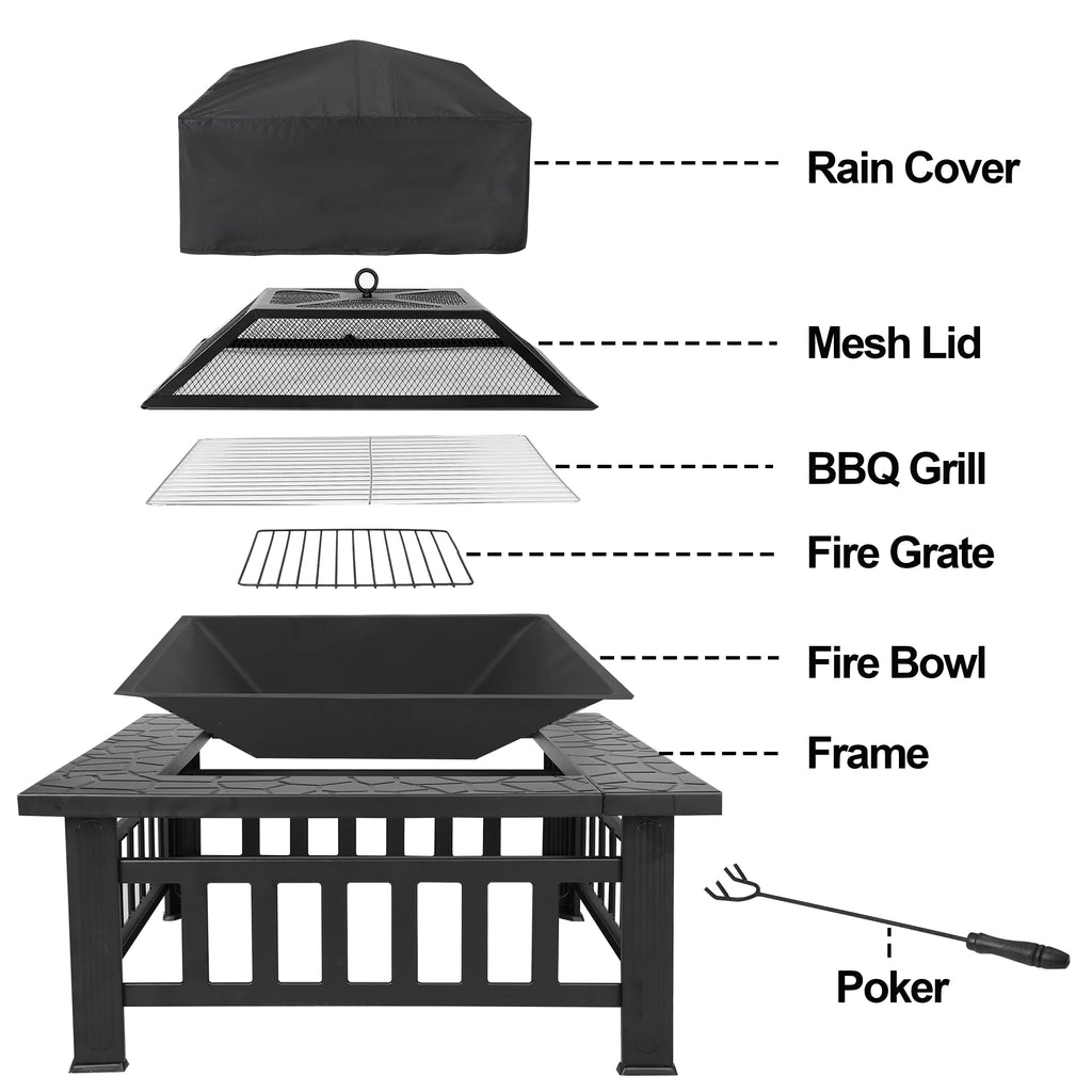 32 Square Wood Black Finish Steel Fire Pit C9693