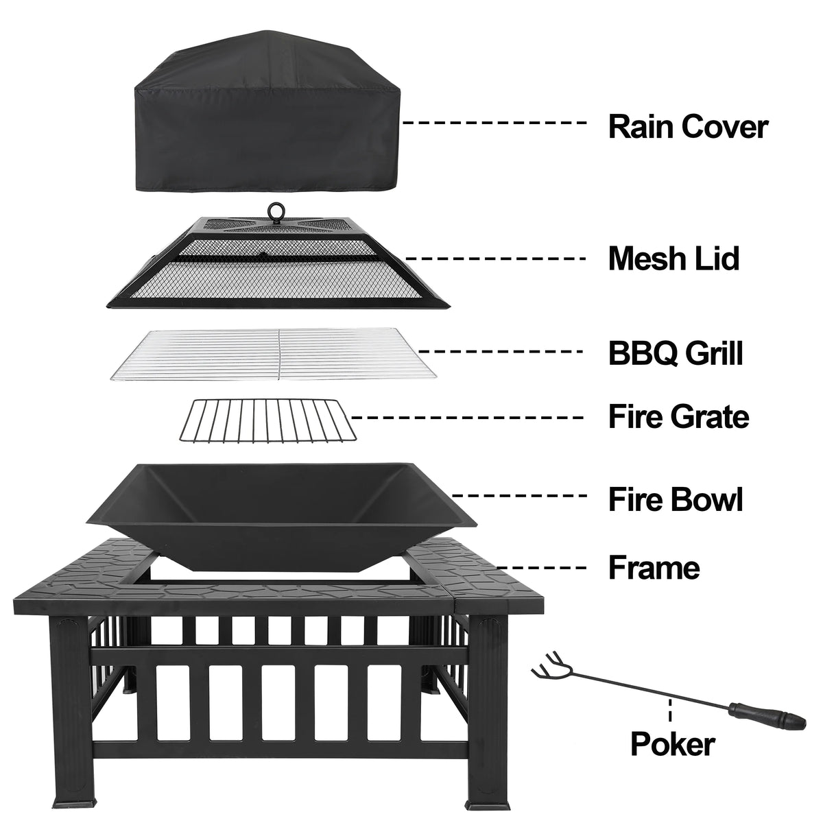 32 Square Wood Black Finish Steel Fire Pit C9693