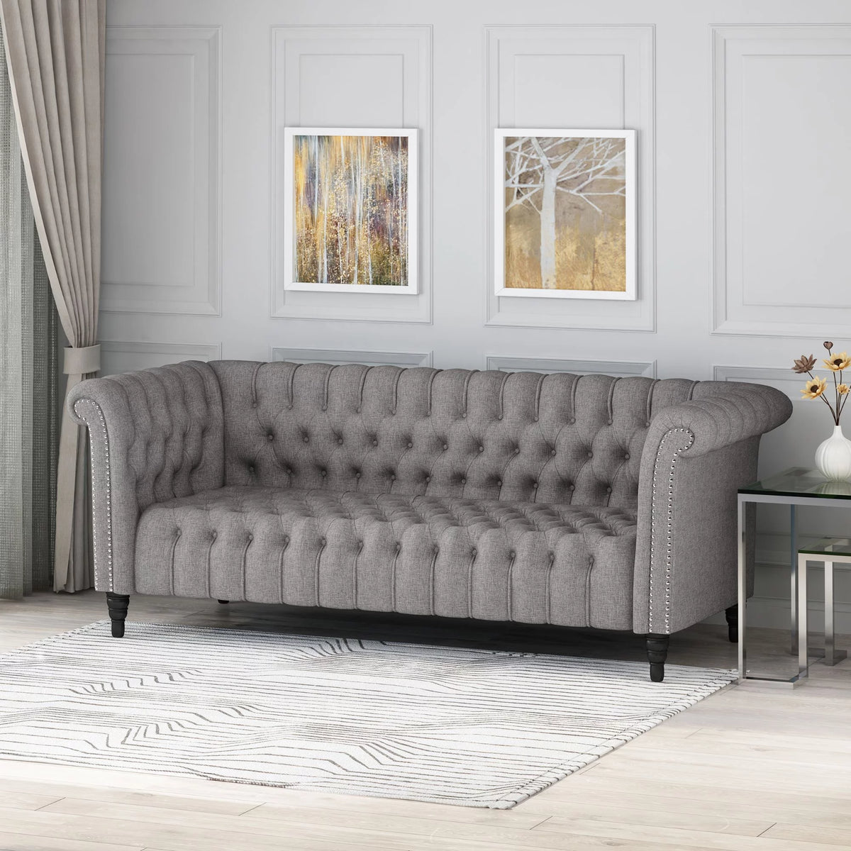 Grey Fabric Tufted 3 Seater Sofa T8430