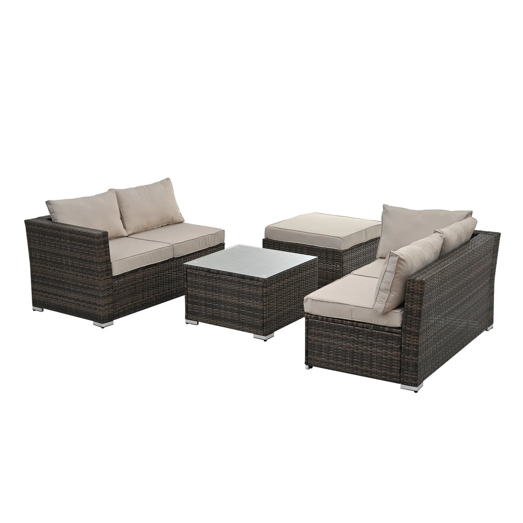 4 Piece All Weather Wicker Patio Sofa Set with Cushion and Glass Table Q924