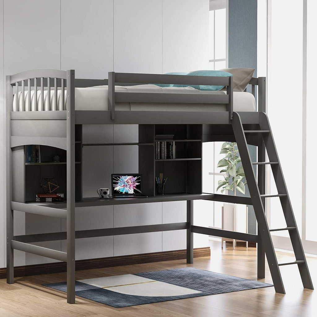 Solid Wood Twin Loft Bed with Desk and Bookshelf F698