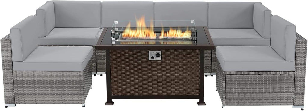 7 Pieces Outdoor Patio Furniture Set with Fire Pit Table J3140