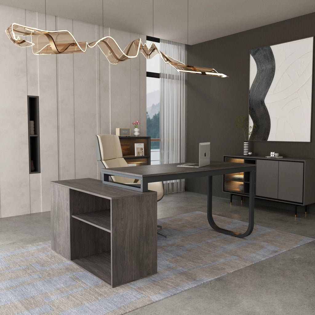 55-inch L Shaped Office Computer Desk with Drawers Grey A143