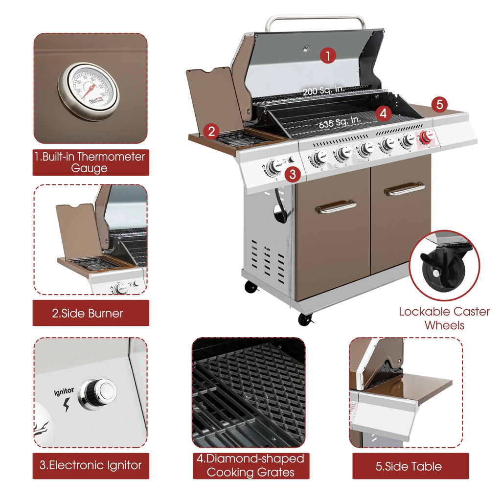 6-Burner Gas Grill with Sear Burner and Side Burner U7705
