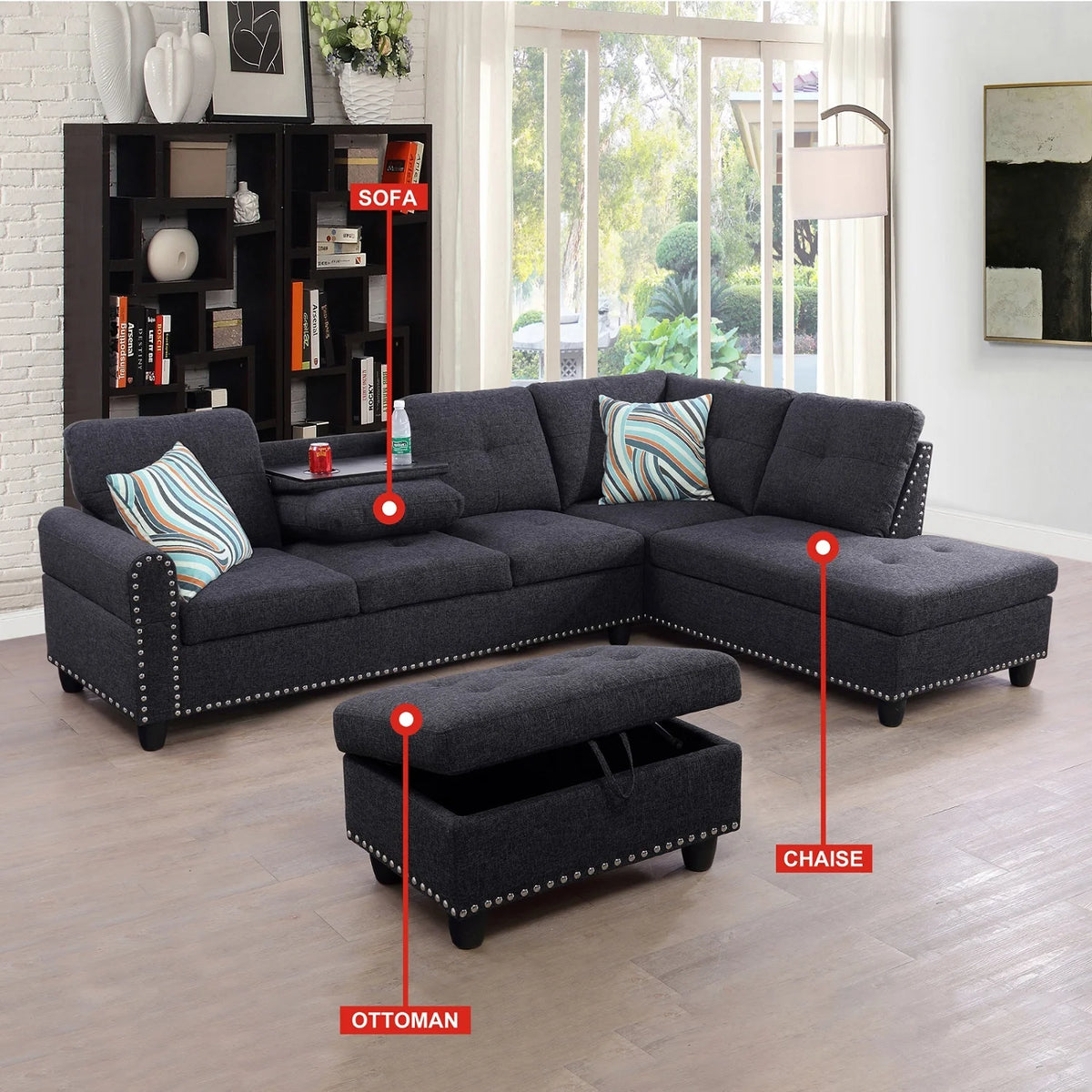 Black Grey Linen 2-Piece Sofa A812631