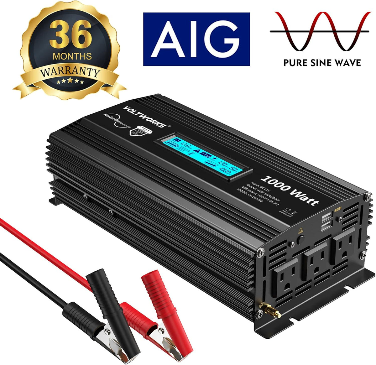 Pure Sine Wave 2000W Car Power Inverter 12V to 120V AC with 2 AC Outlets USB Ports Remote Control LCD Display J447289