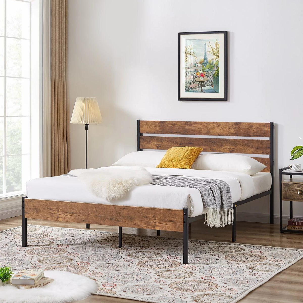 Queen Bed Frame with Wooden Headboard and Metal Slats M2300