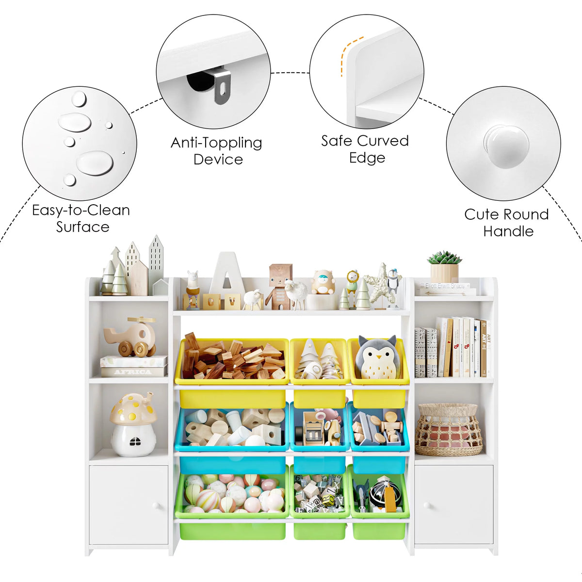 White Toy Storage Organizer Bookcase with 9 Bins M1569