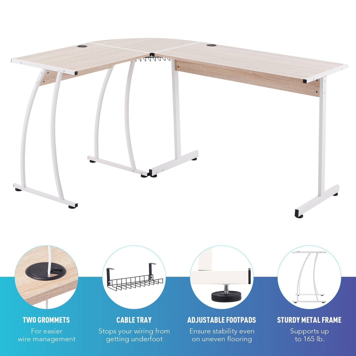 Oak L Shape Computer Desk with Cable Management A86844
