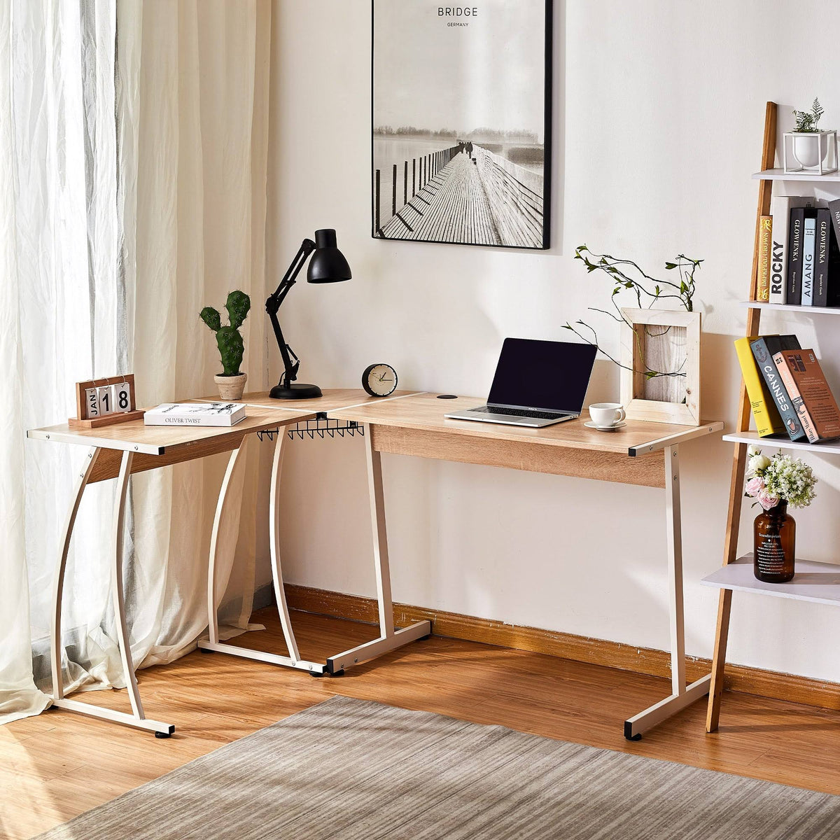 Oak L Shape Computer Desk with Cable Management A86844