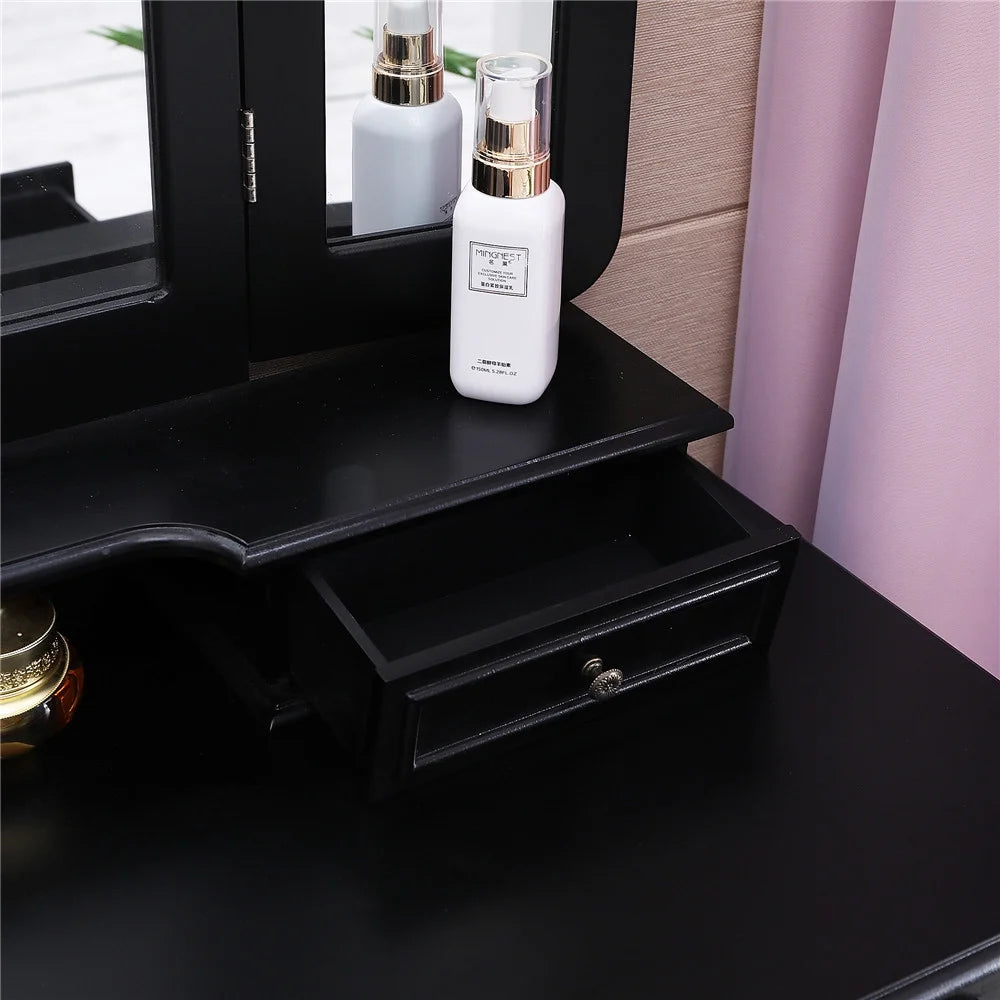 Black Trifold Mirror Vanity Table Set with Cushioned Stool 4 Drawer F359203