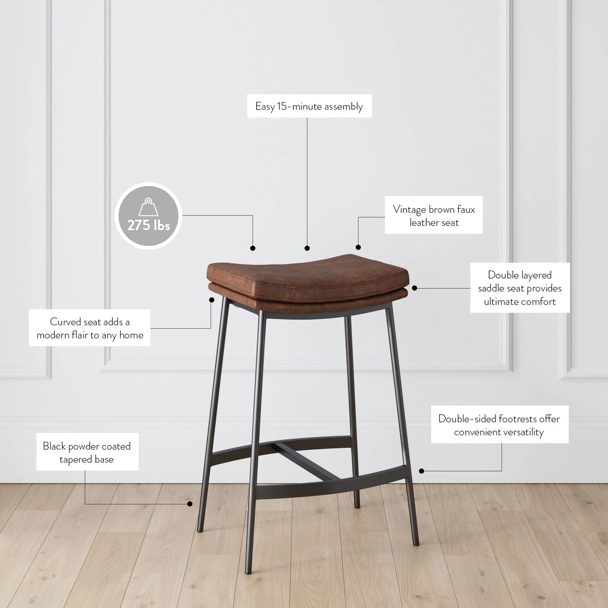 Brown Backless Upholstered Bar Stool with Metal Base U95866