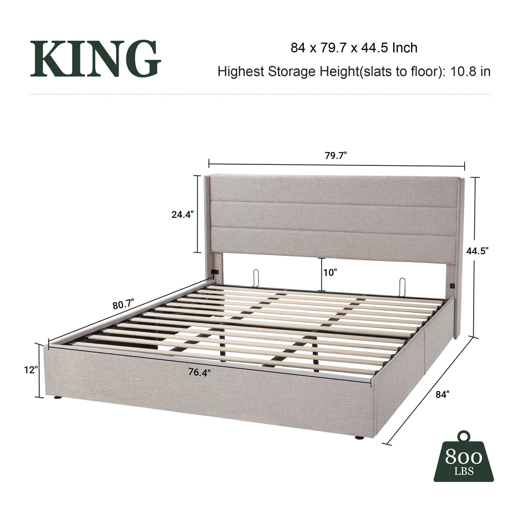 King Size Upholstered Storage Platform Bed Frame with Wingback Headboard T3733