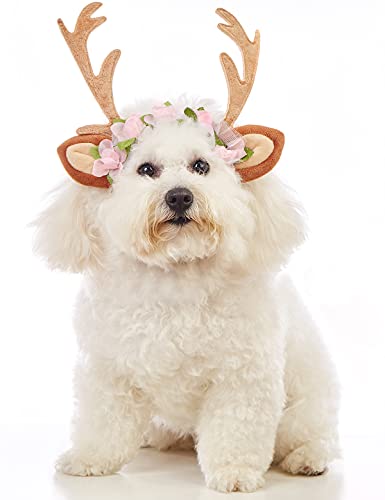 Pet Deer Costume Hat Christmas Dog Antlers Headbands Elastic Band Adjustable Reindeer Cap (Medium) X374