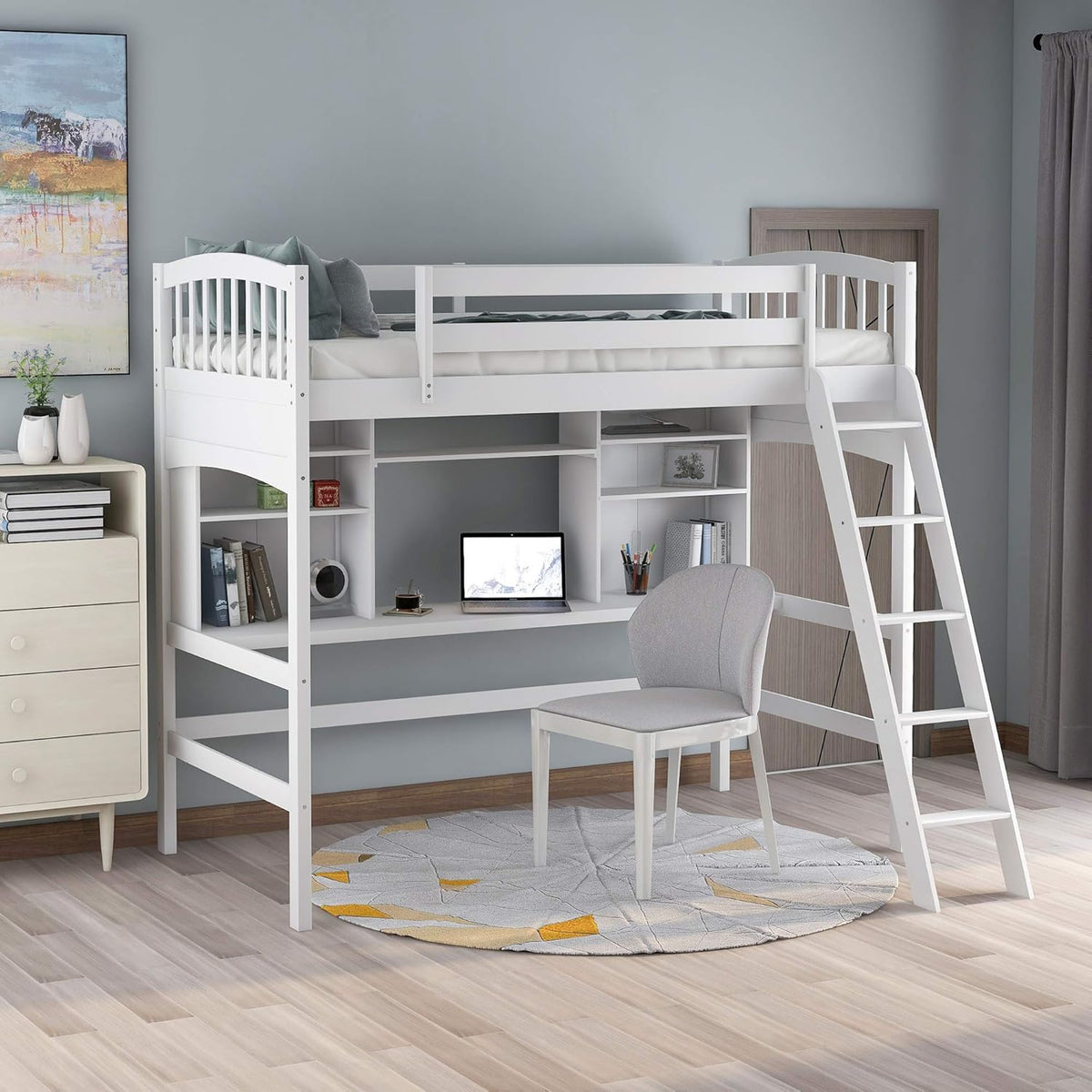 Solid Wood Twin Loft Bed with Desk and Bookshelf F698