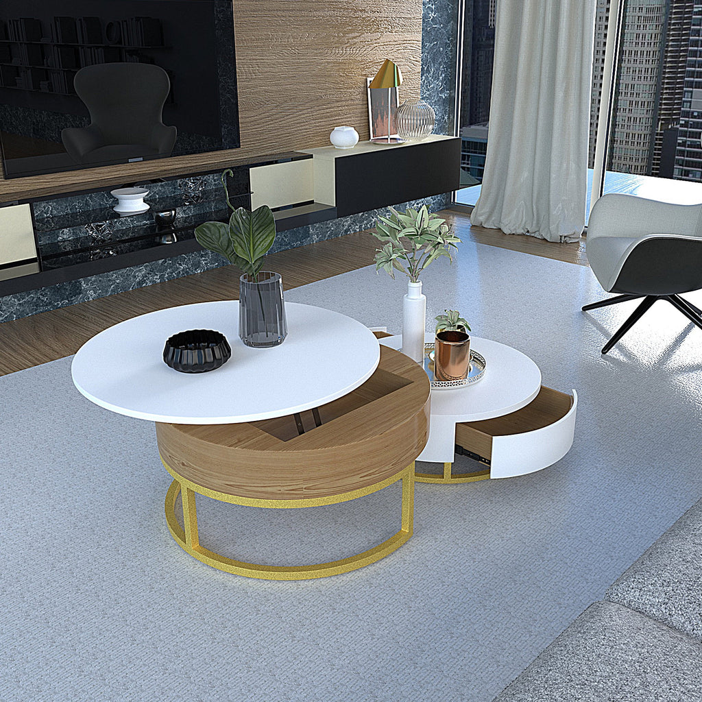 Round Lift-Top Coffee Table Set of 2 Brown White R6720