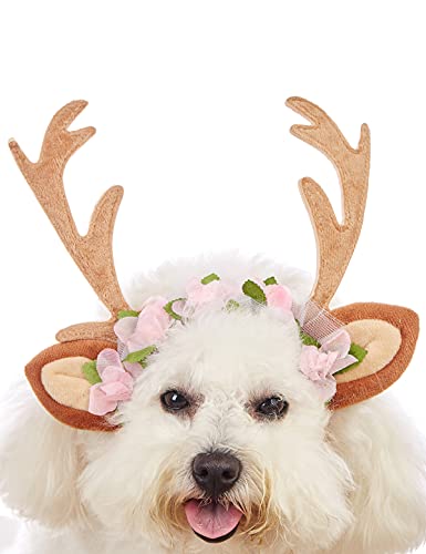 Pet Deer Costume Hat Christmas Dog Antlers Headbands Elastic Band Adjustable Reindeer Cap (Medium) X374