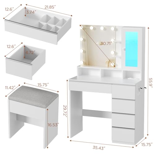 White Vanity Desk with Mirror and Lights, Stool, 5 Drawers and Open Shelves K828