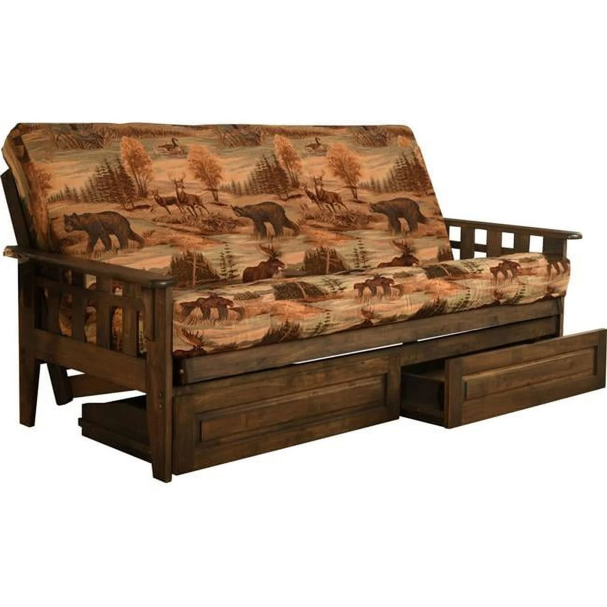 Walnut Full Size Futon Frame with Mattress and Storage Drawers Z66184