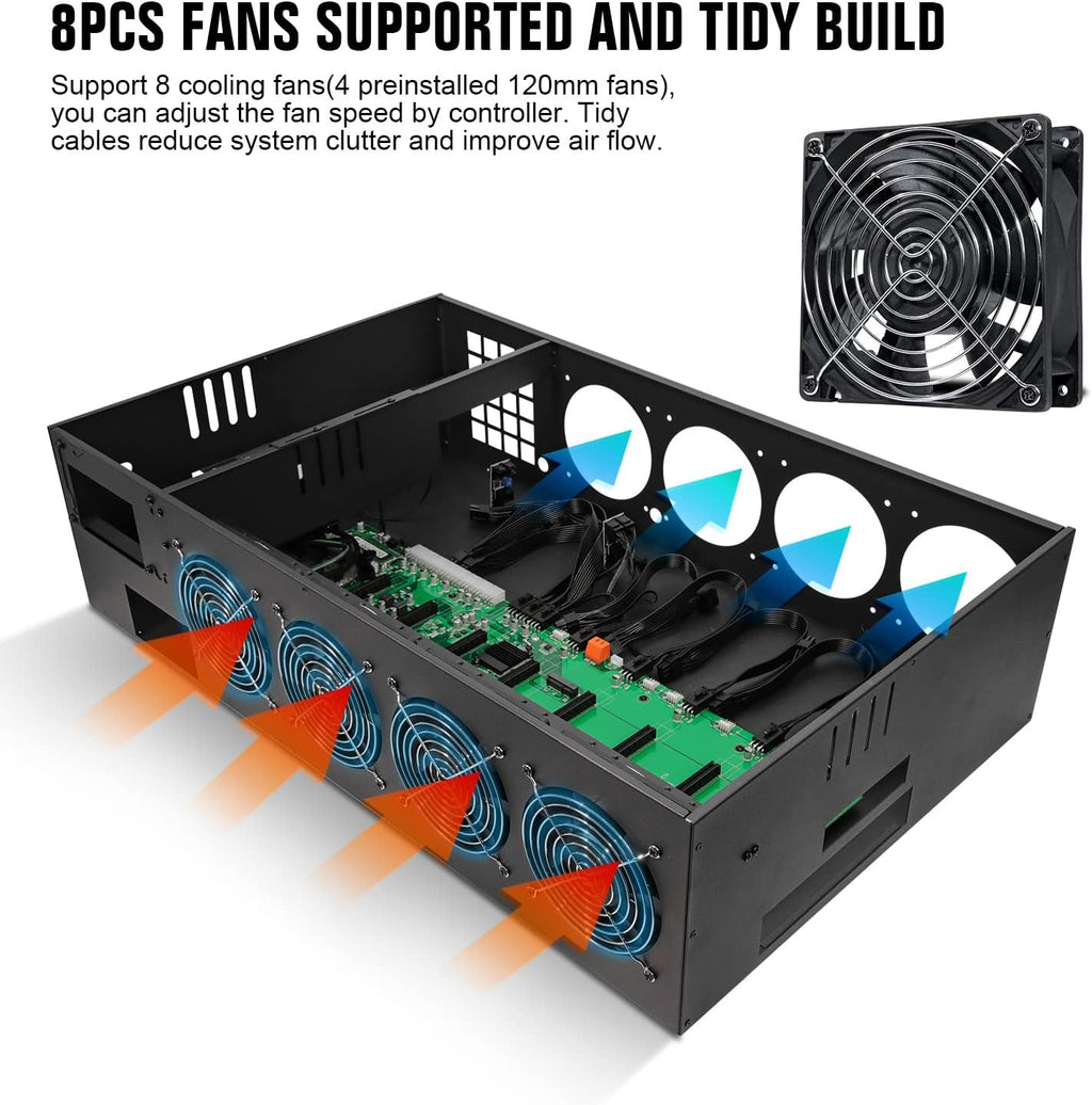 8 Ports GPU Mining Frame Case with 4 Cooling Fans Black U569003
