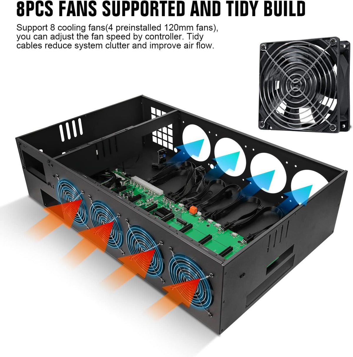 8 Ports GPU Mining Frame Case with 4 Cooling Fans Black U569003